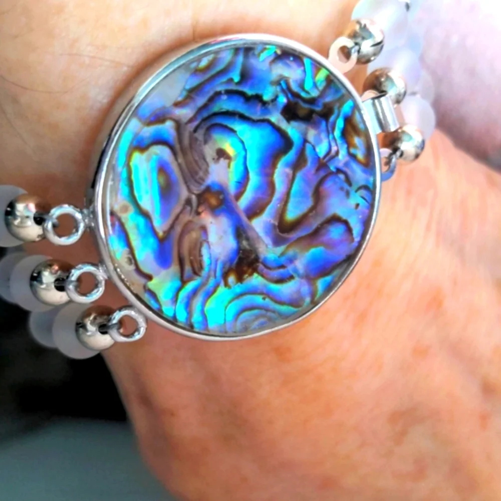 Abalone & Iridescent Mermaid  Quartz Beaded Bracelet. 3 Strand. Silverplate, New